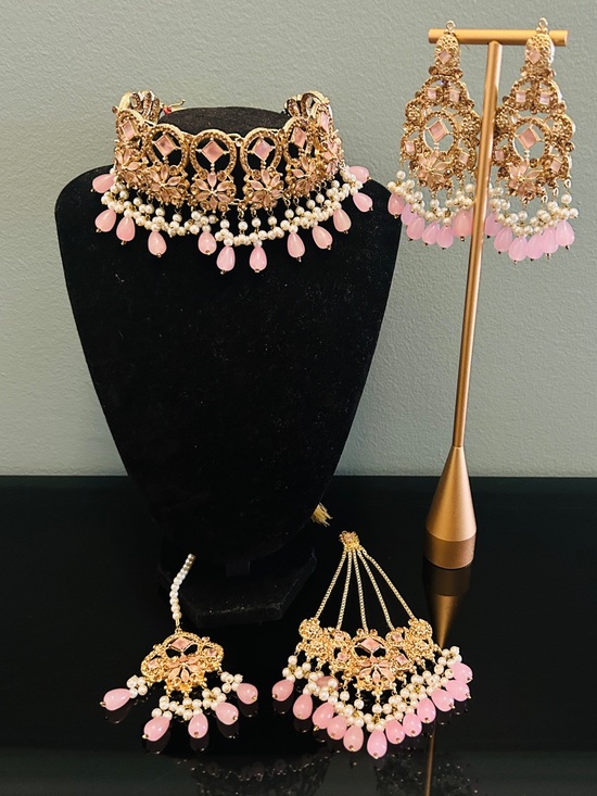 Jewelry - Gold-Plated Pink Stone Choker & Earring Set